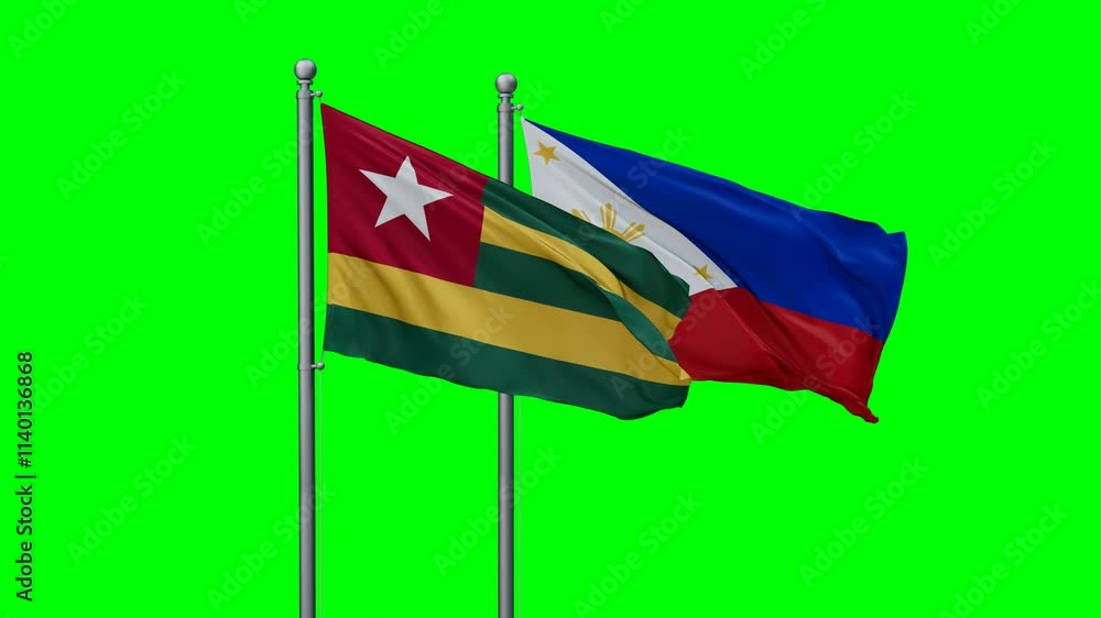 Philippines and Togo flags flying together, video concept of the relationship with colored chroma key for easy background remove, two country cooperation concept Philippines and Togo flags flying together, video concept of the relationship with colored chroma key for easy background remove, two country cooperation concept