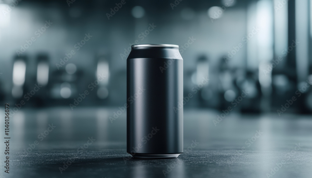 Minimalist energy drink can with modern design, perfect for fitness enthusiasts. sleek black can stands out in gym environment, embodying strength and vitality Minimalist energy drink can with modern design, perfect for fitness enthusiasts. sleek black can stands out in gym environment, embodying strength and vitality