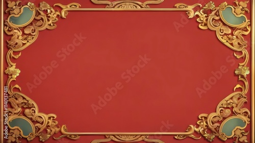 Red background with ornate gold frame.