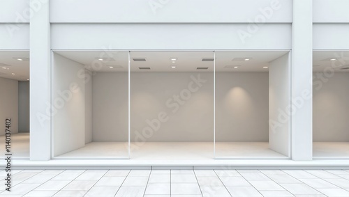 A minimalist white storefront with a clean facade, showcasing an empty space and modern design, exuding elegance and simplicity