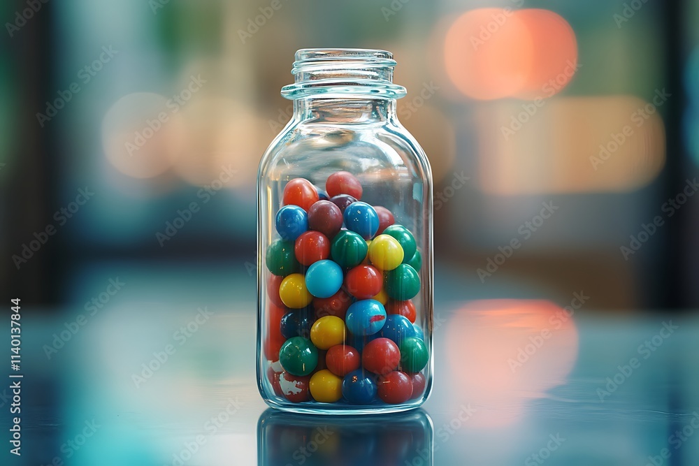 Clear glass bottle with lid filled with colored marbles Clear glass bottle with lid filled with colored marbles