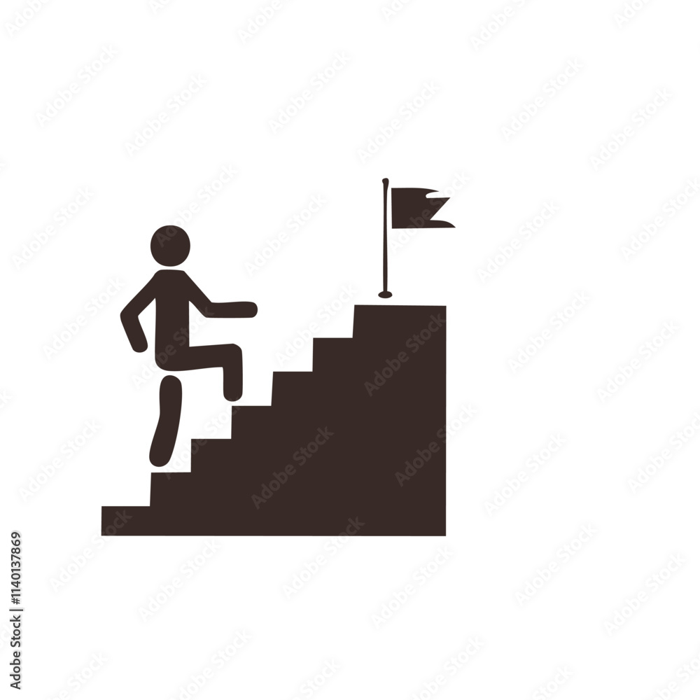 Climb to success. Person ascending stairs towards a flag, symbolizing ambition and achievement. Progress and victory. Climb to success. Person ascending stairs towards a flag, symbolizing ambition and achievement. Progress and victory.