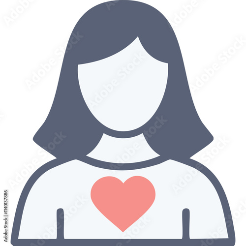 Woman kindness heart icon. Female avatar showing empathy, care, and compassion.  A symbol of love and support.