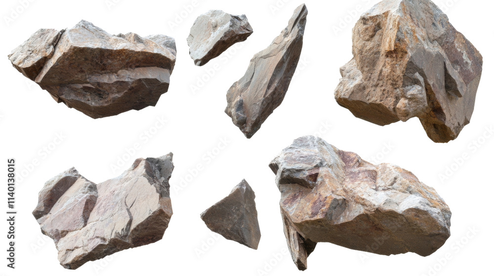 Broken rock fragments suspended in mid-air, isolated on transparent background Broken rock fragments suspended in mid-air, isolated on transparent background