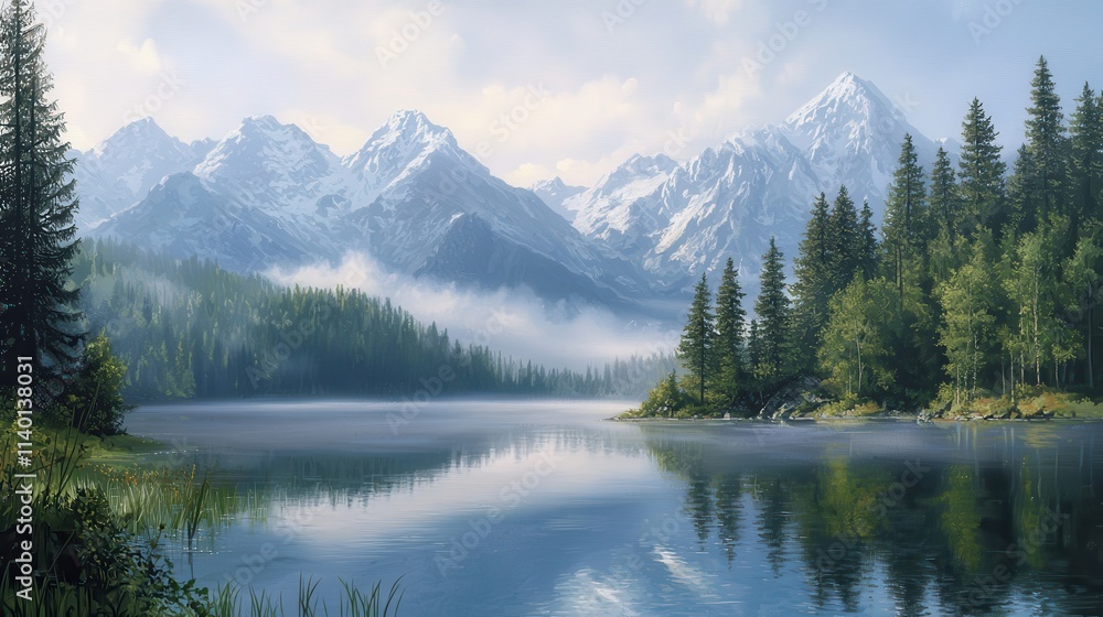 Serene Mountain Lake Surrounded by Lush Trees and Majestic Peaks under Clear Blue Sky Serene Mountain Lake Surrounded by Lush Trees and Majestic Peaks under Clear Blue Sky