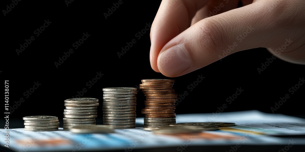 A hand stacks coins on a table, symbolizing savings, investments, and financial growth against a dark background. A hand stacks coins on a table, symbolizing savings, investments, and financial growth against a dark background.