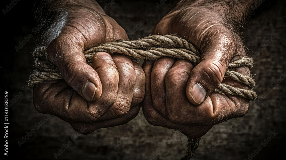 Two hands gripping a thick rope tightly, showcasing strength. Two hands gripping a thick rope tightly, showcasing strength.