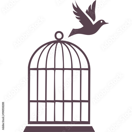 Freedom bird cage. Bird taking flight, escaping confinement.  Hope, liberty, and new beginnings.