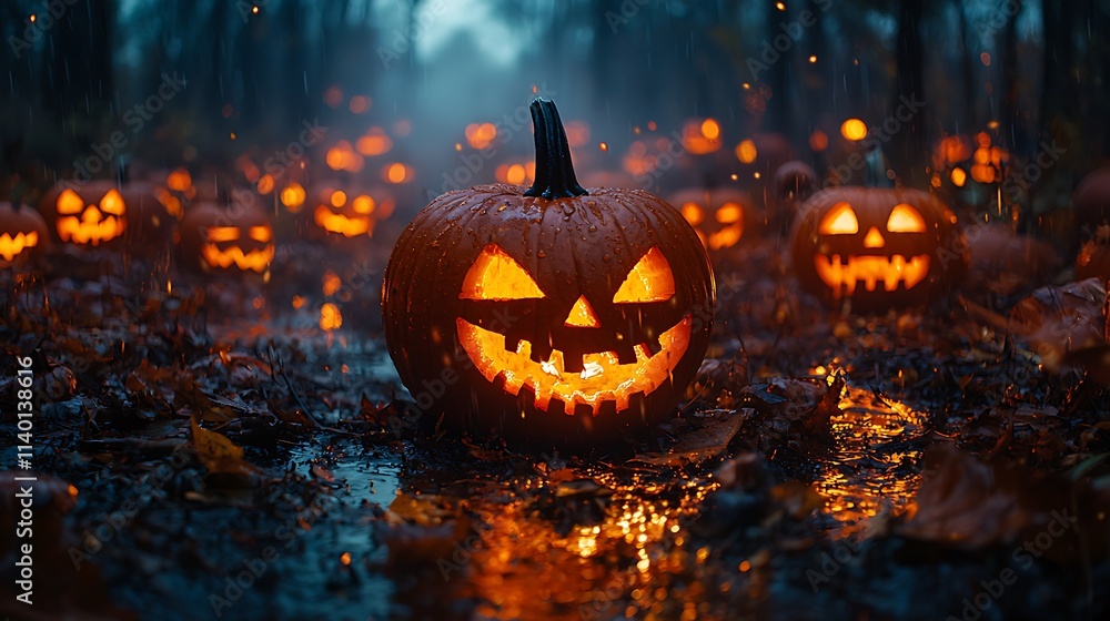 Fototapeta premium Haunted pumpkin patch with carved pumpkins and misty atmosphere 