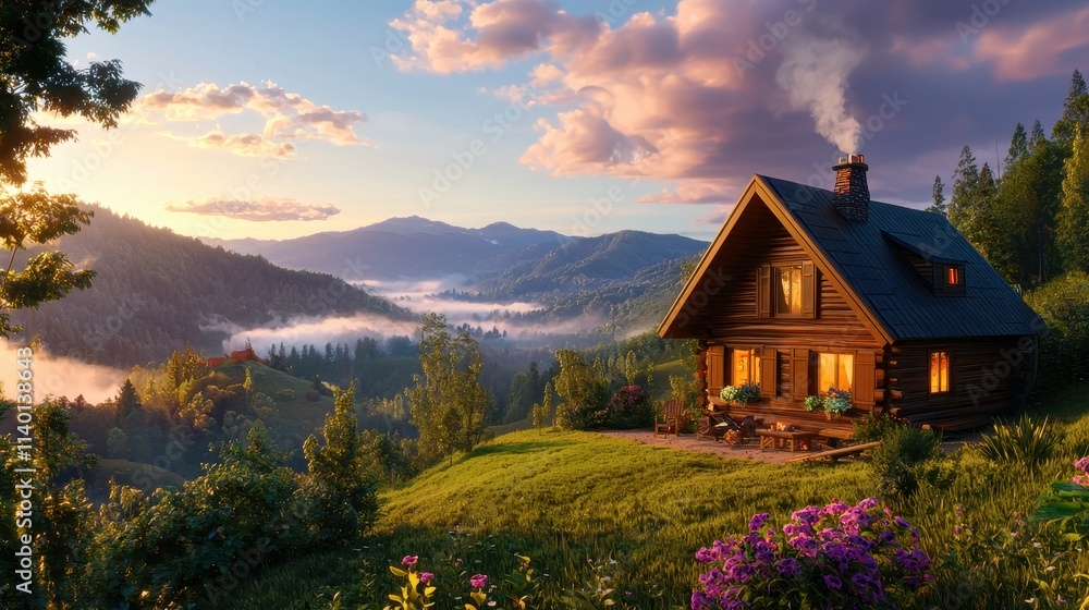 Serene Mountain Retreat With Charming Cabin Amidst Lush Greenery and Vibrant Sky Serene Mountain Retreat With Charming Cabin Amidst Lush Greenery and Vibrant Sky