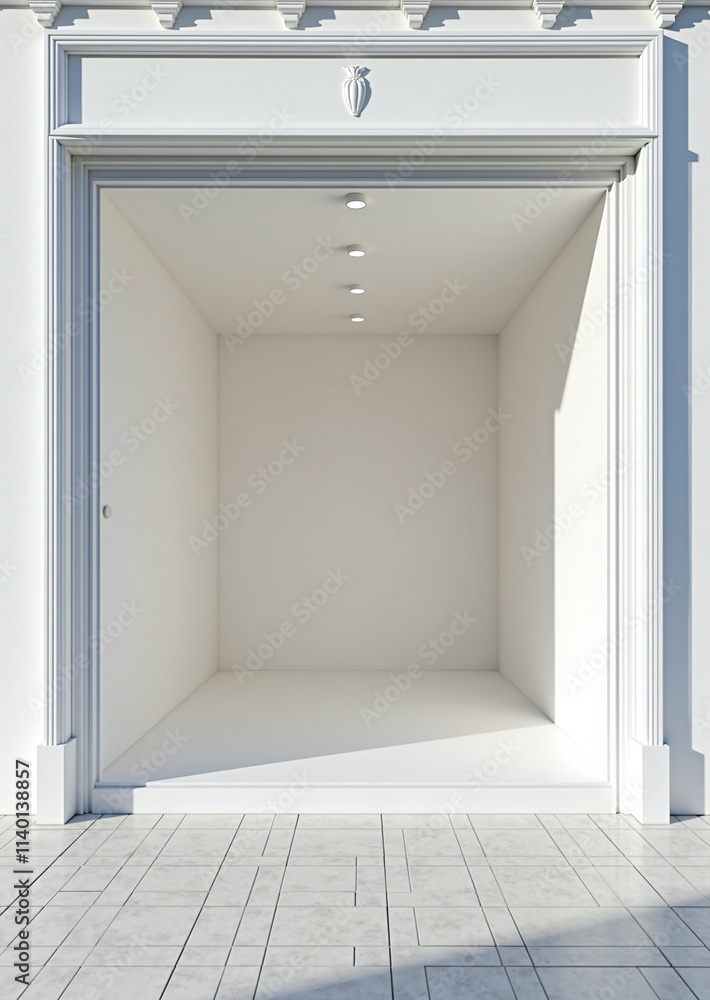 A minimalist white storefront with a clean facade, showcasing an empty space and modern design, exuding elegance and simplicity A minimalist white storefront with a clean facade, showcasing an empty space and modern design, exuding elegance and simplicity