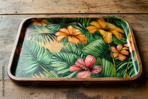 Wooden tray, tropical flowers, painted leaves. photo