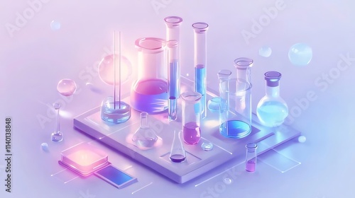 Colorful glassware, liquids, and lab equipment on a white tray.