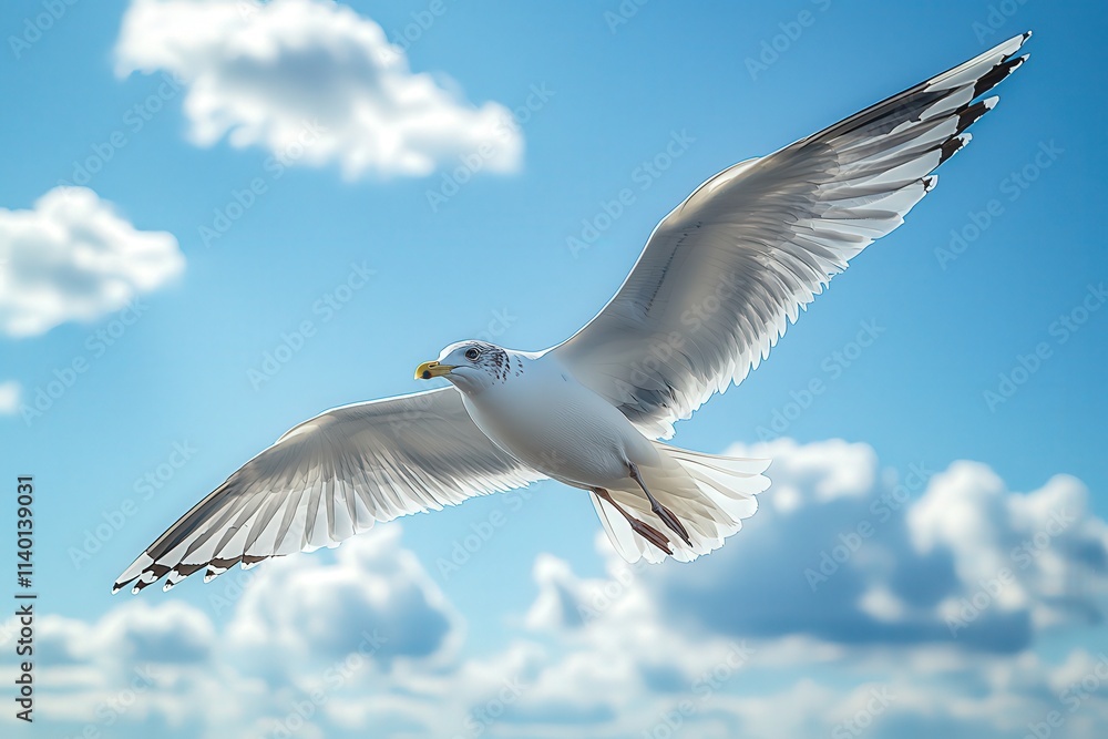 Majestic seagull in flight against a vibrant blue sky, fluffy white clouds as backdrop. Freedom, serenity, nature. Majestic seagull in flight against a vibrant blue sky, fluffy white clouds as backdrop. Freedom, serenity, nature.