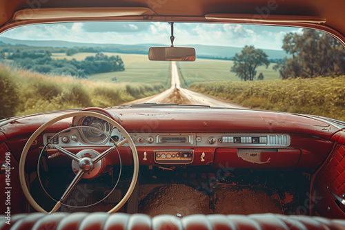 Interior of a vintage red car with a steering wheel and a view onto a rural road.