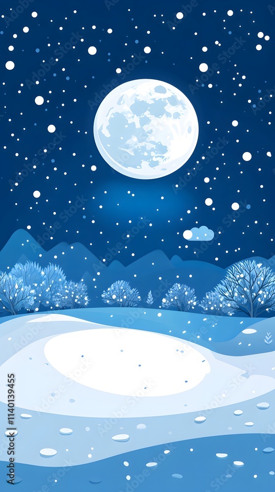 Naklejka premium Starry sky, moonlight shining on the snowy ground, flat illustration style, simple background, cartoon style, vector graphics