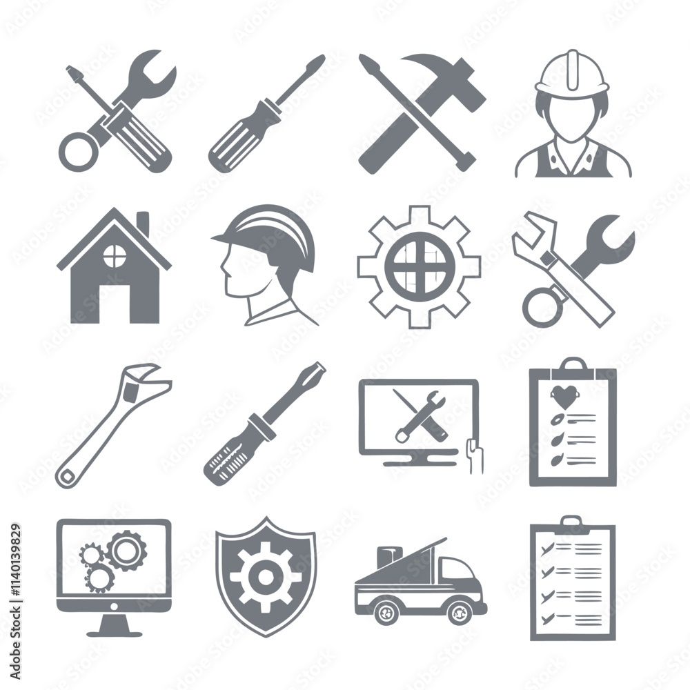 Obraz premium Minimalistic Repair and Maintenance Silhouette Icons Set Collection