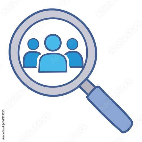 Finding your team. Magnifying glass reveals a group; symbolizes team discovery, recruitment, or community growth.