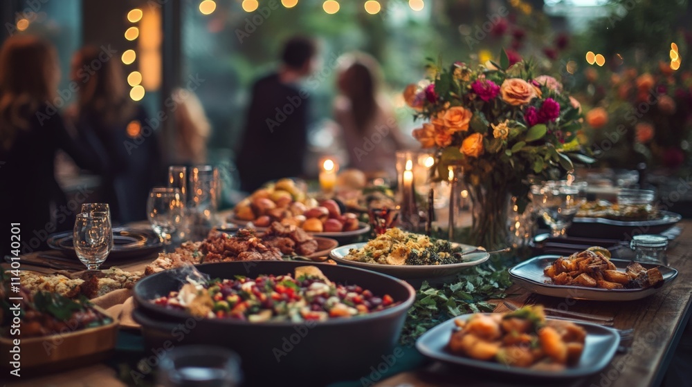 Fototapeta premium Elegant table setting for a festive gathering with delicious food and beautiful flowers under soft lights