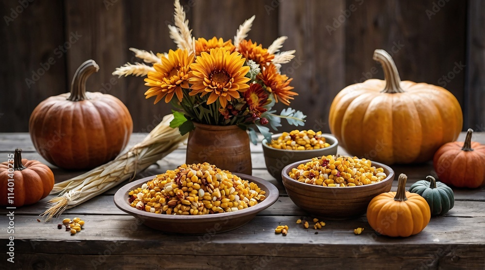 Rustic fall table centerpiece with vibrant pumpkins and dried corn stalks evokes autumn's warm embrace in a cozy setting Rustic fall table centerpiece with vibrant pumpkins and dried corn stalks evokes autumn's warm embrace in a cozy setting