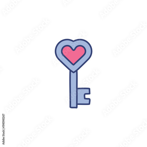 Heart key icon. Love key symbol; unlocks affection, romance, and happiness.  Perfect for Valentine's Day designs.