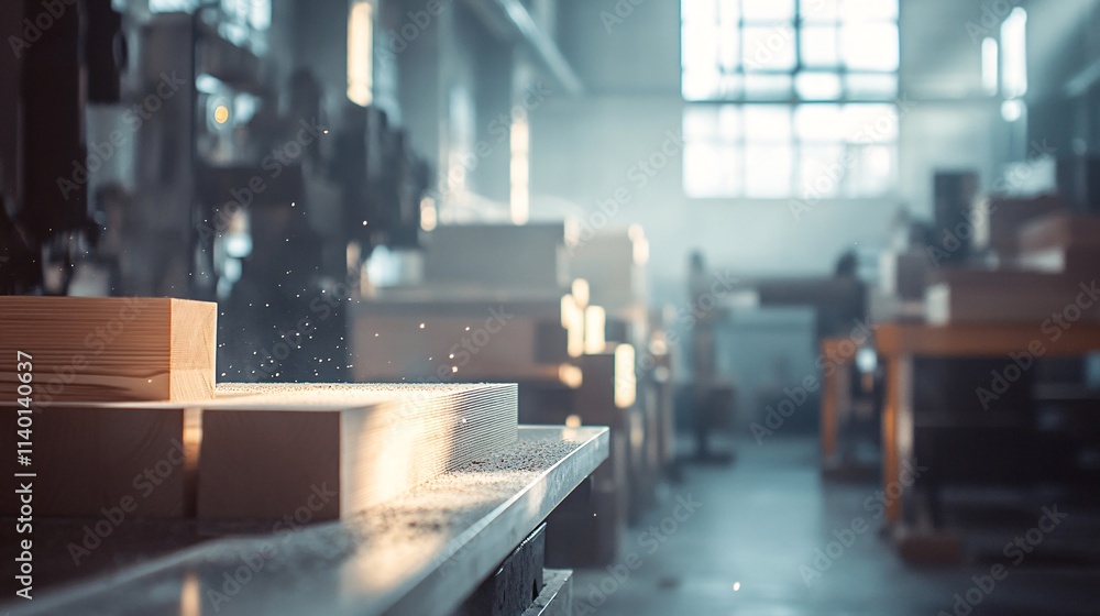 Wood dust particles flying in carpentry workshop with wooden planks Wood dust particles flying in carpentry workshop with wooden planks