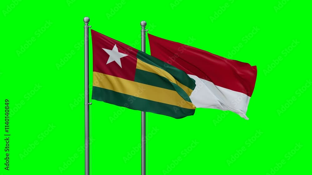 Indonesia and Togo flags flying together, video concept of the relationship with colored chroma key for easy background remove Indonesia and Togo flags flying together, video concept of the relationship with colored chroma key for easy background remove