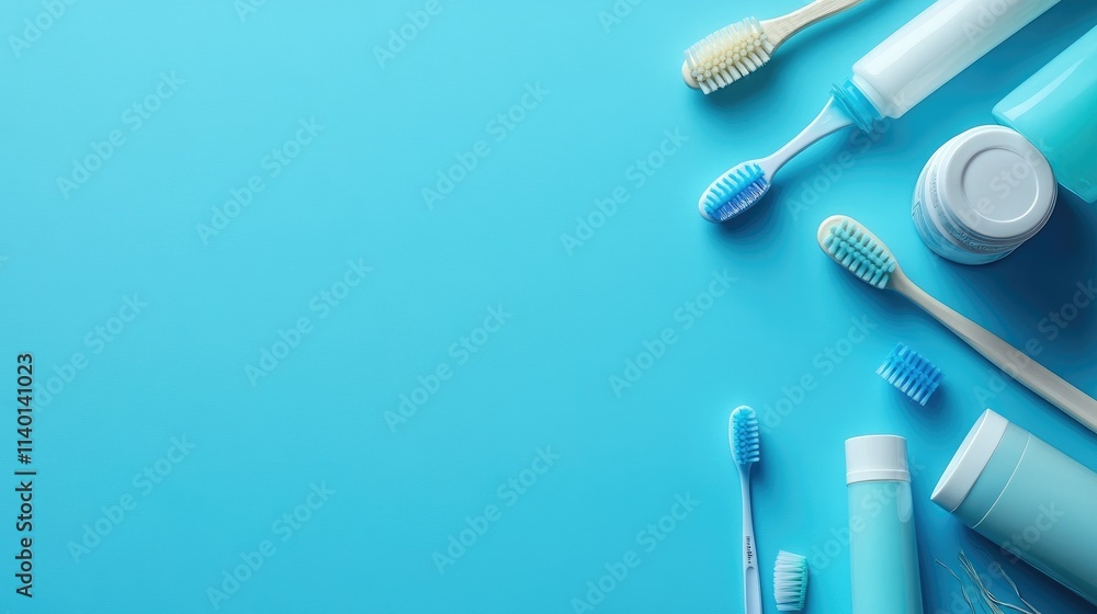 Flat lay of toothbrushes, toothpaste, and mouthwash on a blue background. Flat lay of toothbrushes, toothpaste, and mouthwash on a blue background.