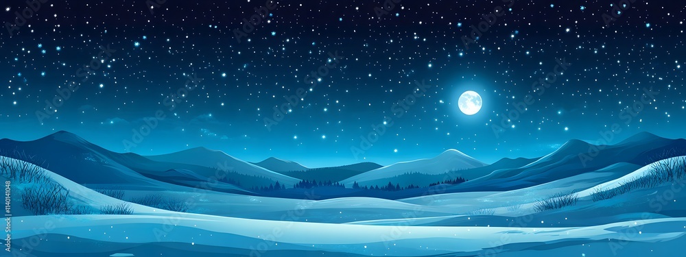 Obraz premium Starry sky, moonlight shining on the snowy ground, flat illustration style, simple background, cartoon style, vector graphics