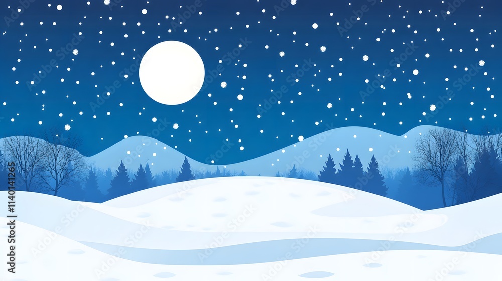 Fototapeta premium Starry sky, moonlight shining on the snowy ground, flat illustration style, simple background, cartoon style, vector graphics