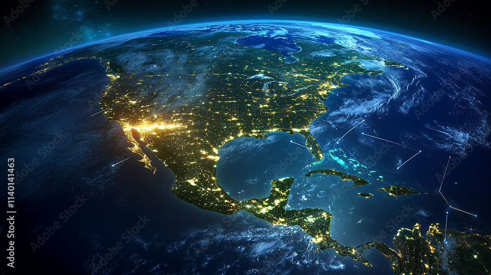 Night view of North America and the Caribbean from space. Night view of North America and the Caribbean from space.