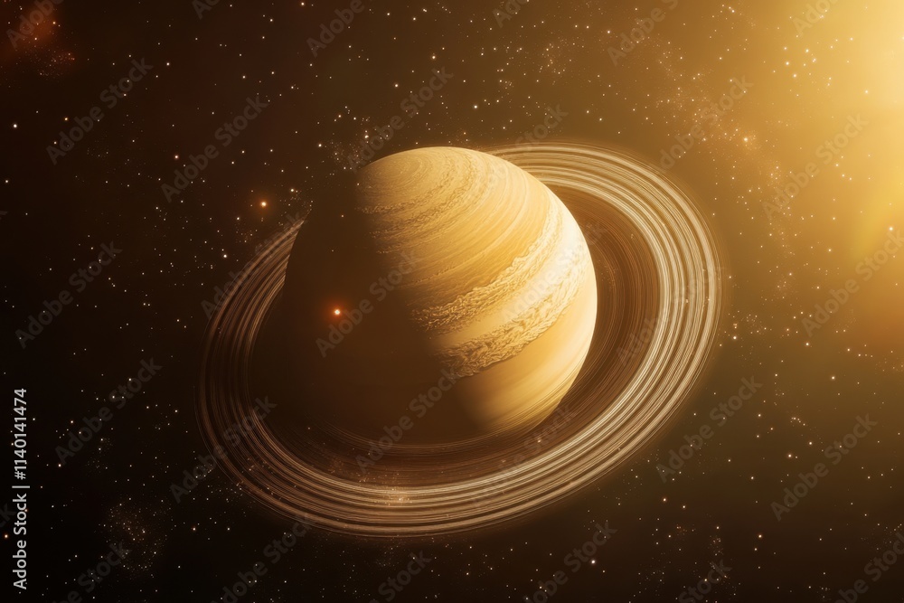 Saturn with majestic rings illuminated by distant sunlight in a starry backdrop Saturn with majestic rings illuminated by distant sunlight in a starry backdrop