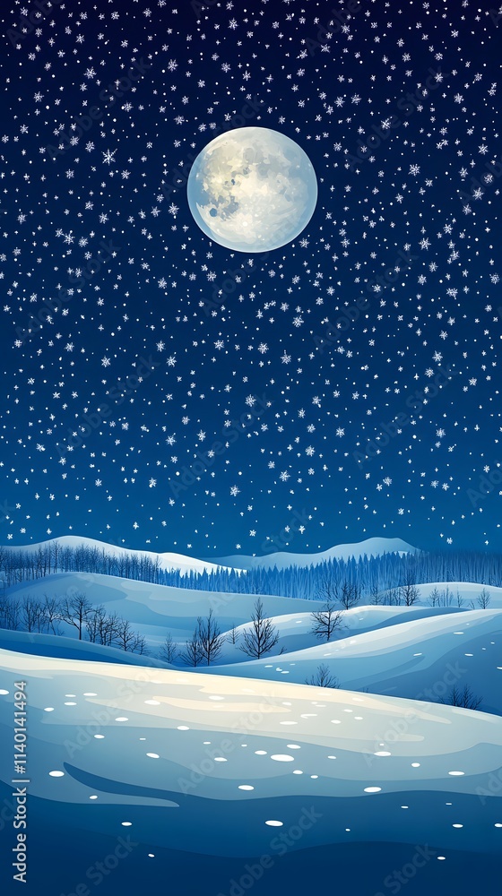 Naklejka premium Starry sky, moonlight shining on the snowy ground, flat illustration style, simple background, cartoon style, vector graphics
