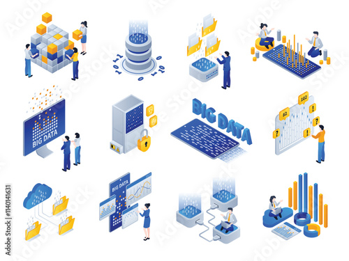 Big data elements set in isometric view