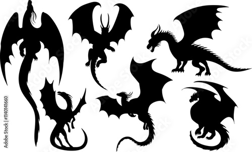 set of dragons silhouette on white background, vector