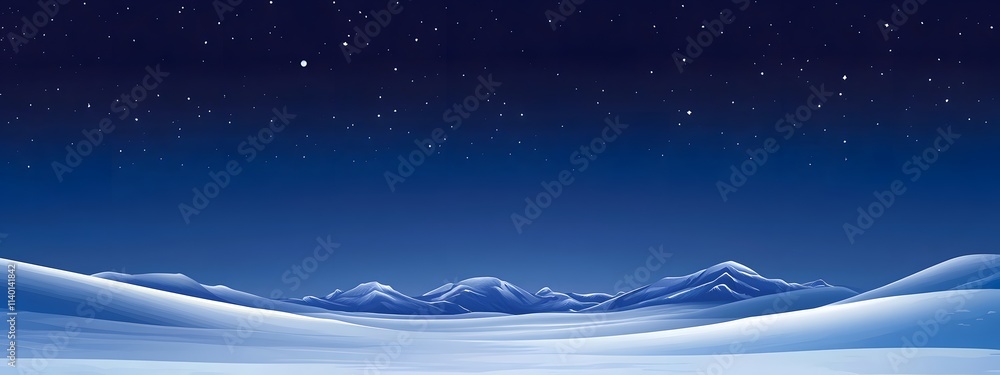 Fototapeta premium Starry sky, moonlight shining on the snowy ground, flat illustration style, simple background, cartoon style, vector graphics