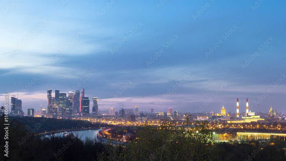 Naklejka premium Panoramic aerial view of Moscow City, Russia, from Sparrow Hills day to night timelapse