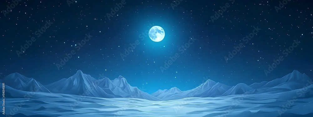Obraz premium Starry sky, moonlight shining on the snowy ground, flat illustration style, simple background, cartoon style, vector graphics