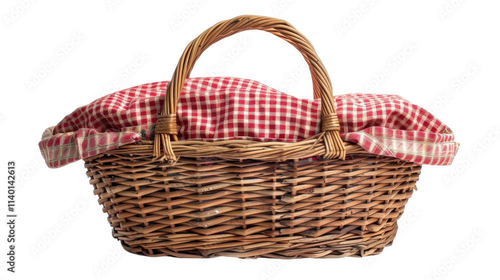 Woven basket with red checkered cloth arranged against a vibrant yellow backdrop showing rustic charm and picnic inspiration Woven basket with red checkered cloth arranged against a vibrant yellow backdrop showing rustic charm and picnic inspiration