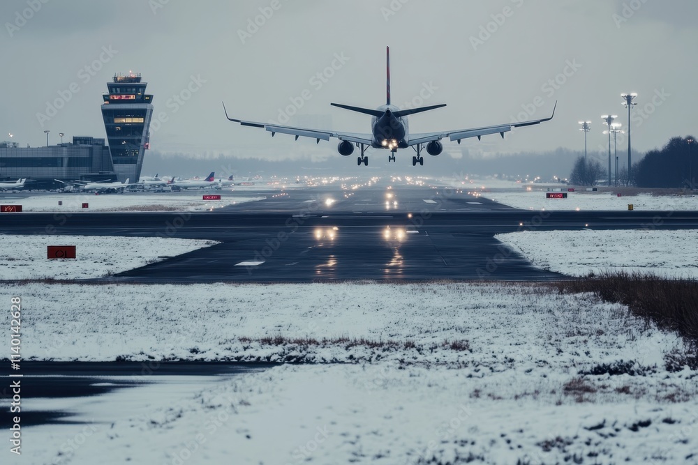 Airplane landing on snow-covered runway near airport control tower in winter Airplane landing on snow-covered runway near airport control tower in winter