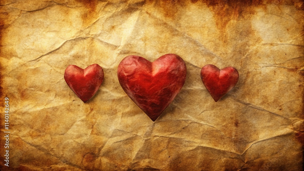 Three crimson hearts rest on aged parchment paper, a symbol of enduring love Three crimson hearts rest on aged parchment paper, a symbol of enduring love