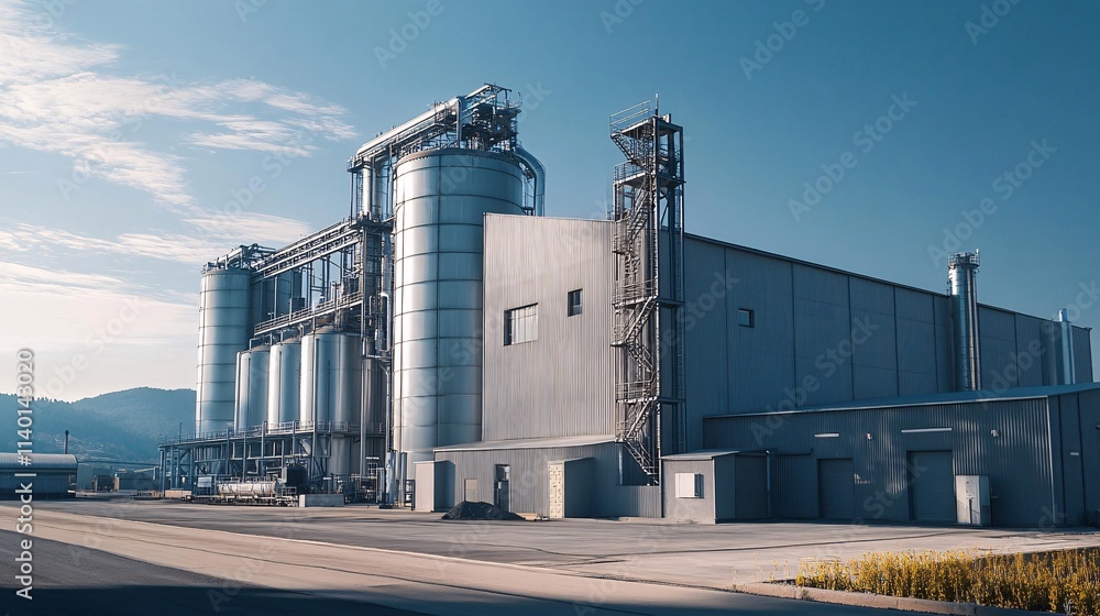 Biodiesel refinery processing biofuel from renewable resources under blue sky Biodiesel refinery processing biofuel from renewable resources under blue sky