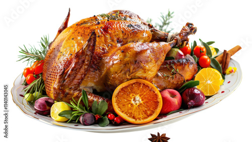 Deliciously roasted turkey garnished with fresh fruits and herbs for a festive holiday feast photo