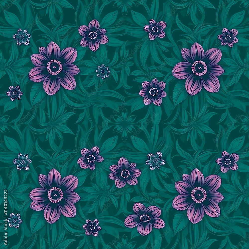 Fototapeta premium Emerald Floral Pattern: A lush and vibrant seamless pattern featuring delicate purple flowers blooming amongst intricate green foliage, creating a captivating and sophisticated design. 