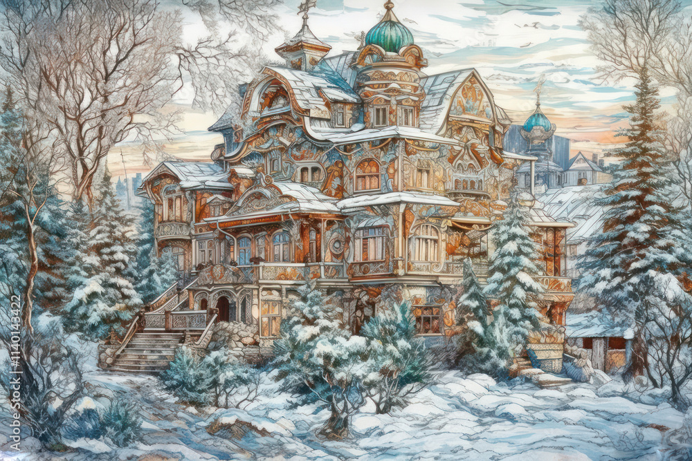Fototapeta premium a fairy-tale house in a winter forest, made in a decorative style. 