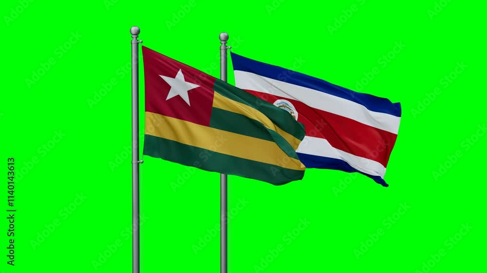 Costa Rico and Togo flags flying together, video concept of the relationship with colored chroma key for easy background remove, two country cooperation concept Costa Rico and Togo flags flying together, video concept of the relationship with colored chroma key for easy background remove, two country cooperation concept