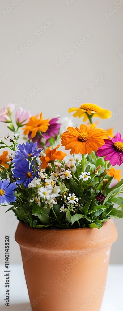 A handmade clay pot with colorful flowers on a white table A handmade clay pot with colorful flowers on a white table