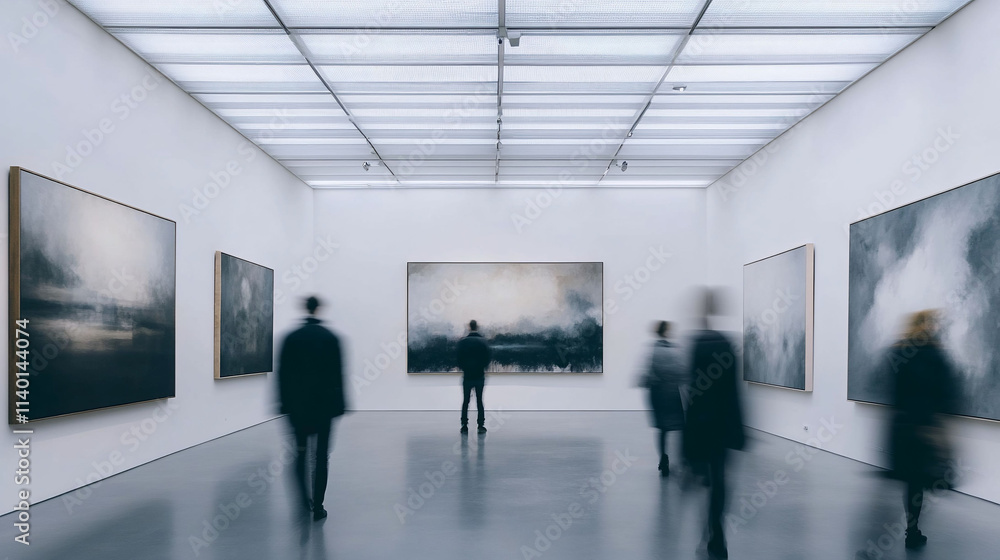 A gallery space with abstract paintings and visitors. A gallery space with abstract paintings and visitors.