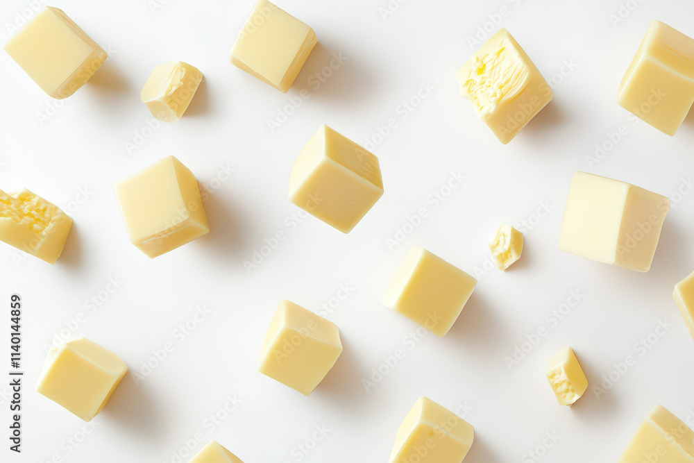 A collection of yellow butter cubes scattered on a white surface. A collection of yellow butter cubes scattered on a white surface.