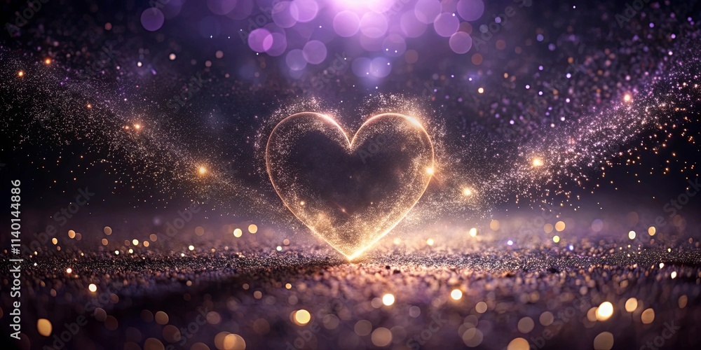A shimmering heart of golden light sparkles against a backdrop of glittering dust and purple bokeh A shimmering heart of golden light sparkles against a backdrop of glittering dust and purple bokeh